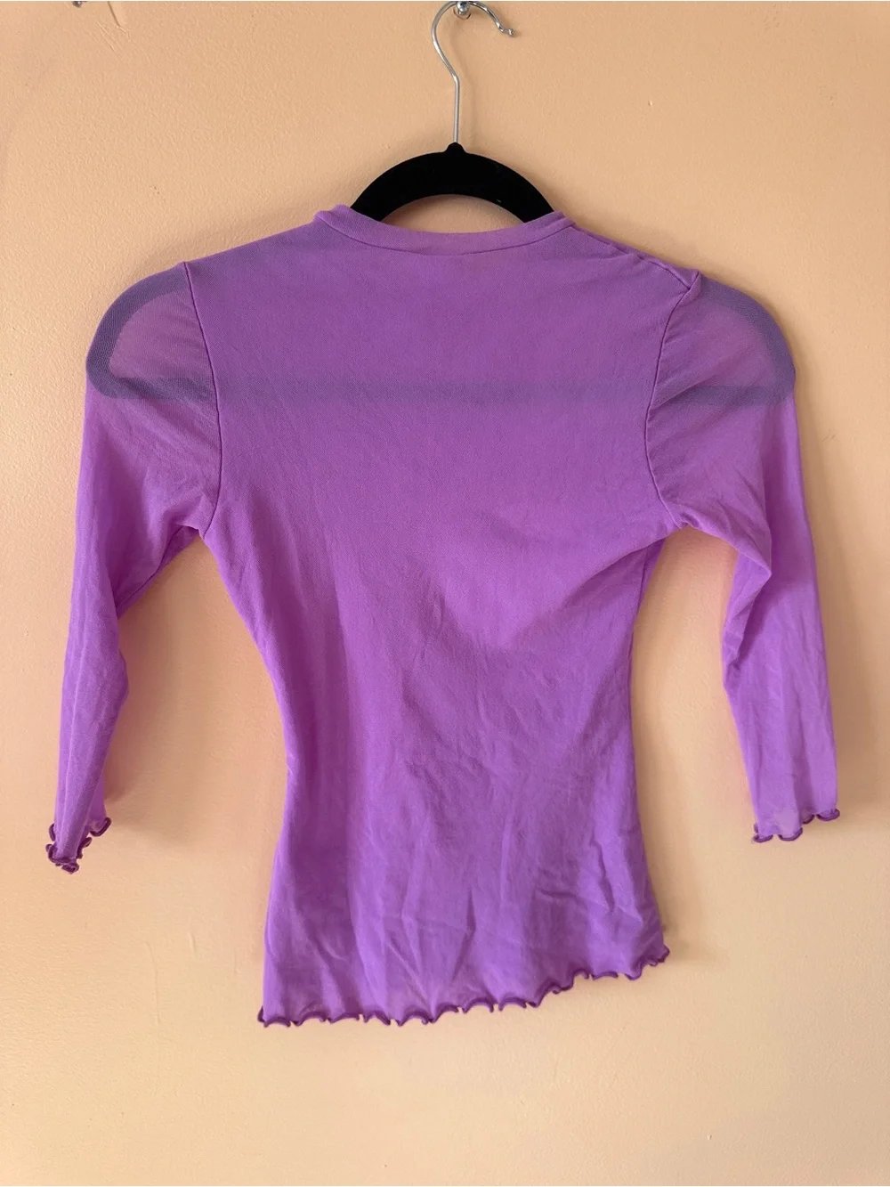 Sheer Lavender Lettuce Hem Stretch Top | Size Medium (Fits Small) - Picture 7 of 7